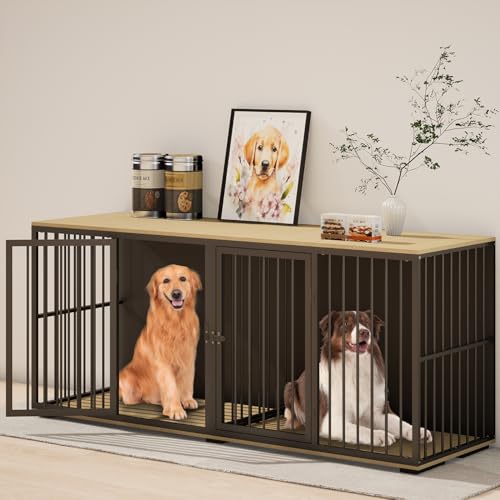 EBE Dog Crate Furniture, 71.6'' Metal Steel Frame Double Dog Kennel with 2 Rooms and Removable Divider, Heavy Duty Dog Crate Table Indoor TV Stand for Small Medium Large Dogs Black