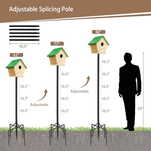 77 Inch Heavy Duty Bird Feeder Pole for Outdoors with 5-Prong Base and 2 Plates, Rust-Proof Metal Smart Bird Feeder Stand/Post, Adjustable Birdhouse Pole, Weather Station Mounting Kit