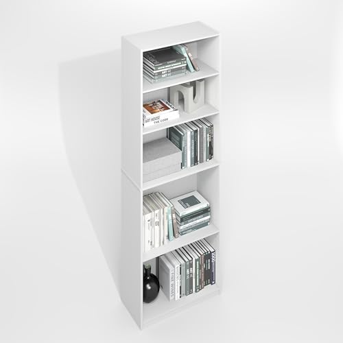 Furinno Gehry 5-Tier Bookcase, Bookshelf with Adjustable Shelves, White