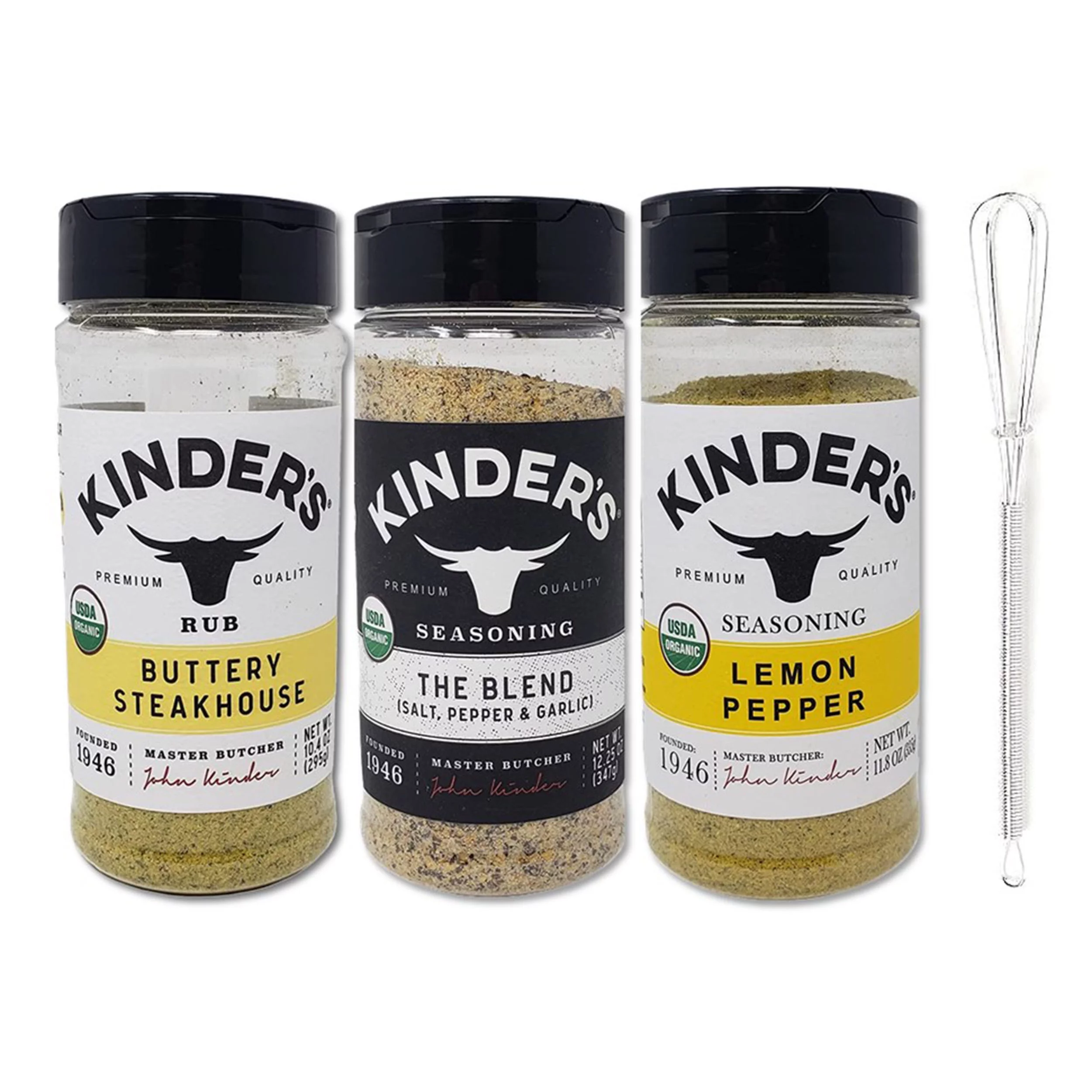 Kinder's Organic Seasoning & Rub 3-Variety Pack (Buttery Steakhouse Rub, Lemon Pepper, and The Blend)with 1 Mini Stainless Steel Wire Whisk  (4-Piece Set)
