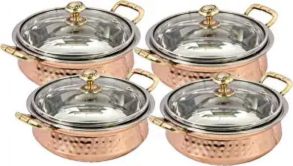 PARIJAT HANDICRAFT Set of 4 Indian hammered copper stainless steel serving bowl for food soup with handle and glass lid decorative seveware Size- 5 Inch