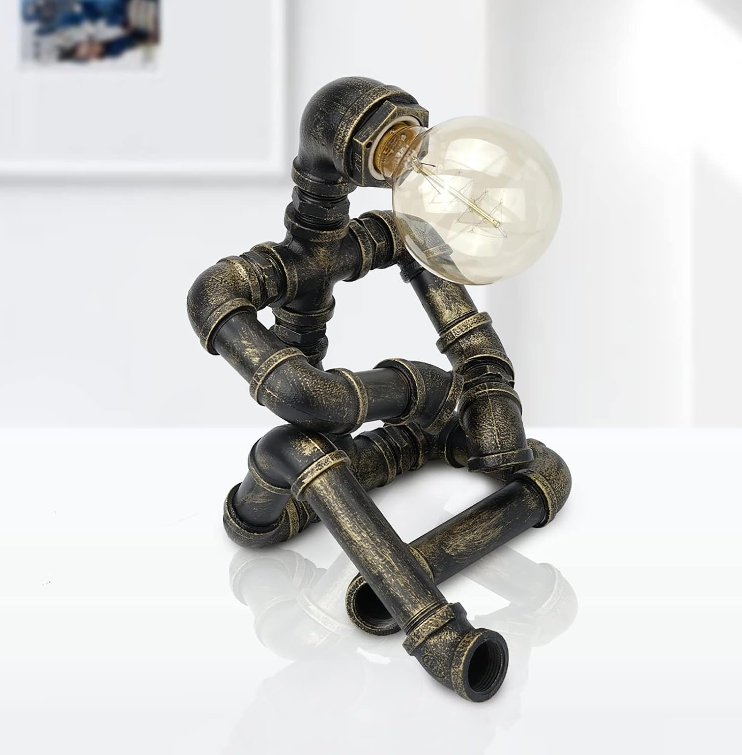 Industrial Robot Lamp Steampunk Table Lamp, Bronze Iron Pipe lamp with Button Switch, Unique Design Retro Decoration Collection for Bedroom Nightstand Bathroom Restaurant Cafe Bar