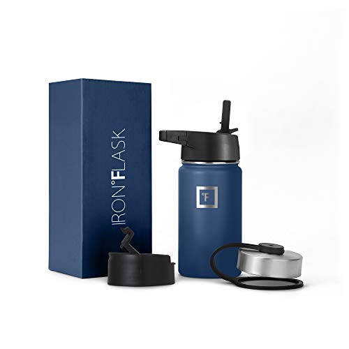 IRON °FLASK Camping & Hiking Hydration Flask with 3 Lids - Stainless Steel, Double Walled & Vacuum Insulated Water Bottle - Leak Proof & BPA Free (Midnight Black, Straw - 40 oz)