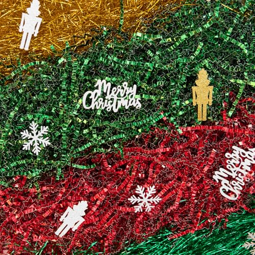 PAPER FAIR 1LB Metallic Red Green Christmas Crinkle Cut Paper Shred Filler w/Tree & Snowflake Confetti, Gift Wrap Packaging Raffia Tissue Strand, Craft Bedding Cushion, Winter Birthday Box Basket