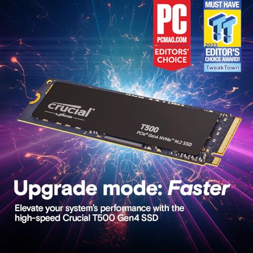 Crucial T500 1TB Gen4 NVMe M.2 Internal Gaming SSD, Up to 7300MB/s, Laptop & Desktop Compatible + 1mo Adobe CC All Apps - CT1000T500SSD8