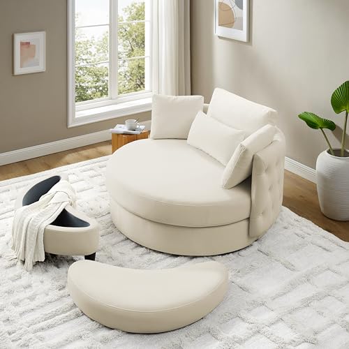 51.5-Inch Oversized Swivel Accent Barrel Chair with Storage Ottoman ,Button Decor and 4 Pillows, Soft Velvet Upholstered Leisure Armchair Round Swivel Sofachair for Lobby Home Apartment Living Room