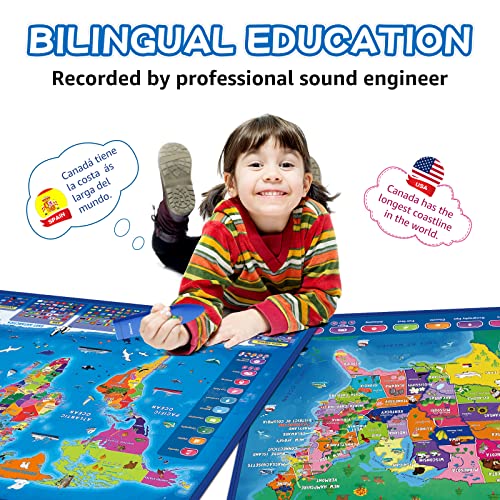 Bilingual Interactive World Map for Kids Learning and Educational Toys, Talking Electronic Kids World Map i-Poster Geography Games Ages 3 to 12 Years Old, Custom Talking Birthday Gifts Card