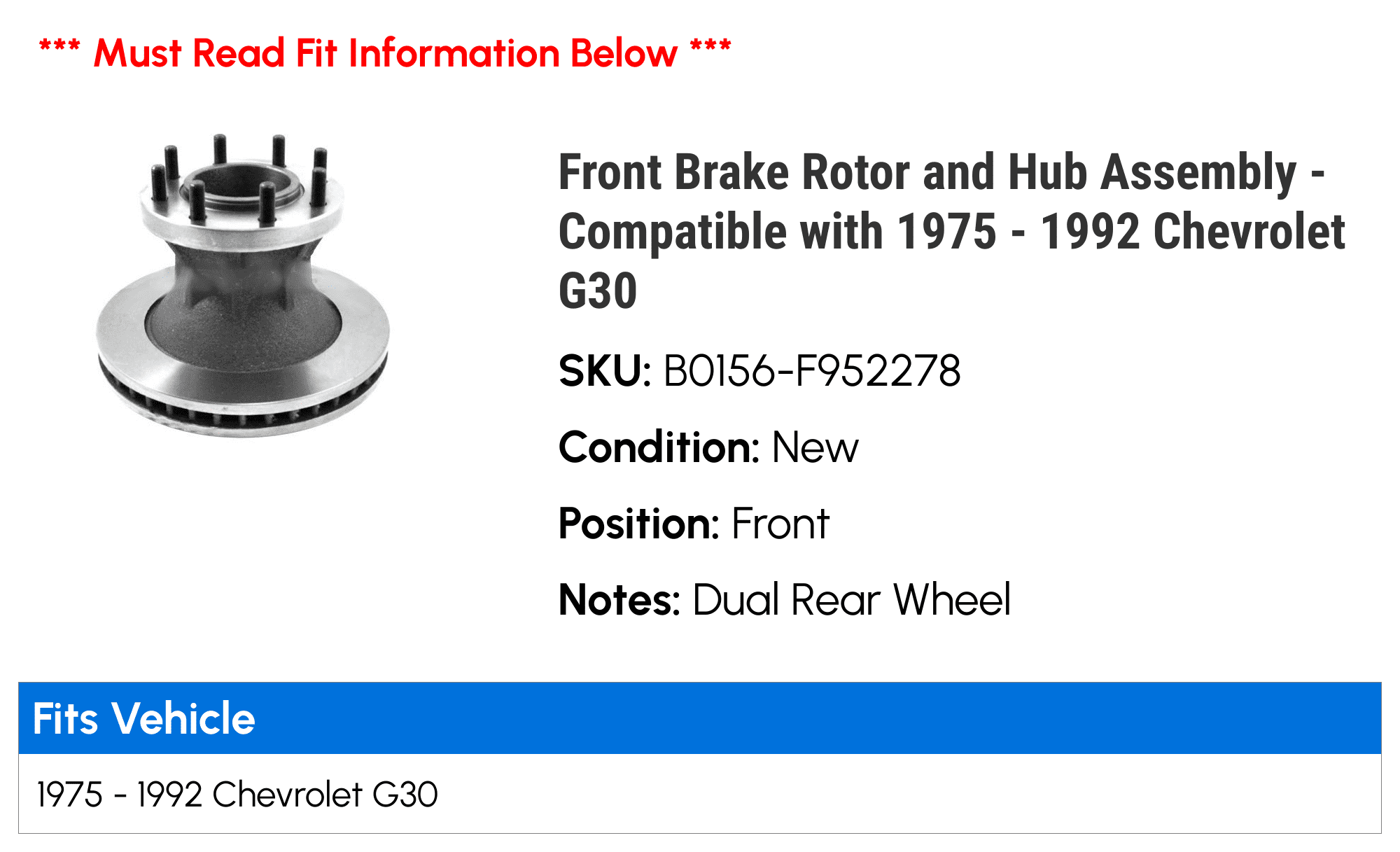 Front Brake Rotor and Hub Assembly - Compatible with 1975 - 1992 Chevy G30 1976 1977 1978 1979 1980 1981 1982 1983 1984 1985 1986 1987 1988 1989 1990 1991