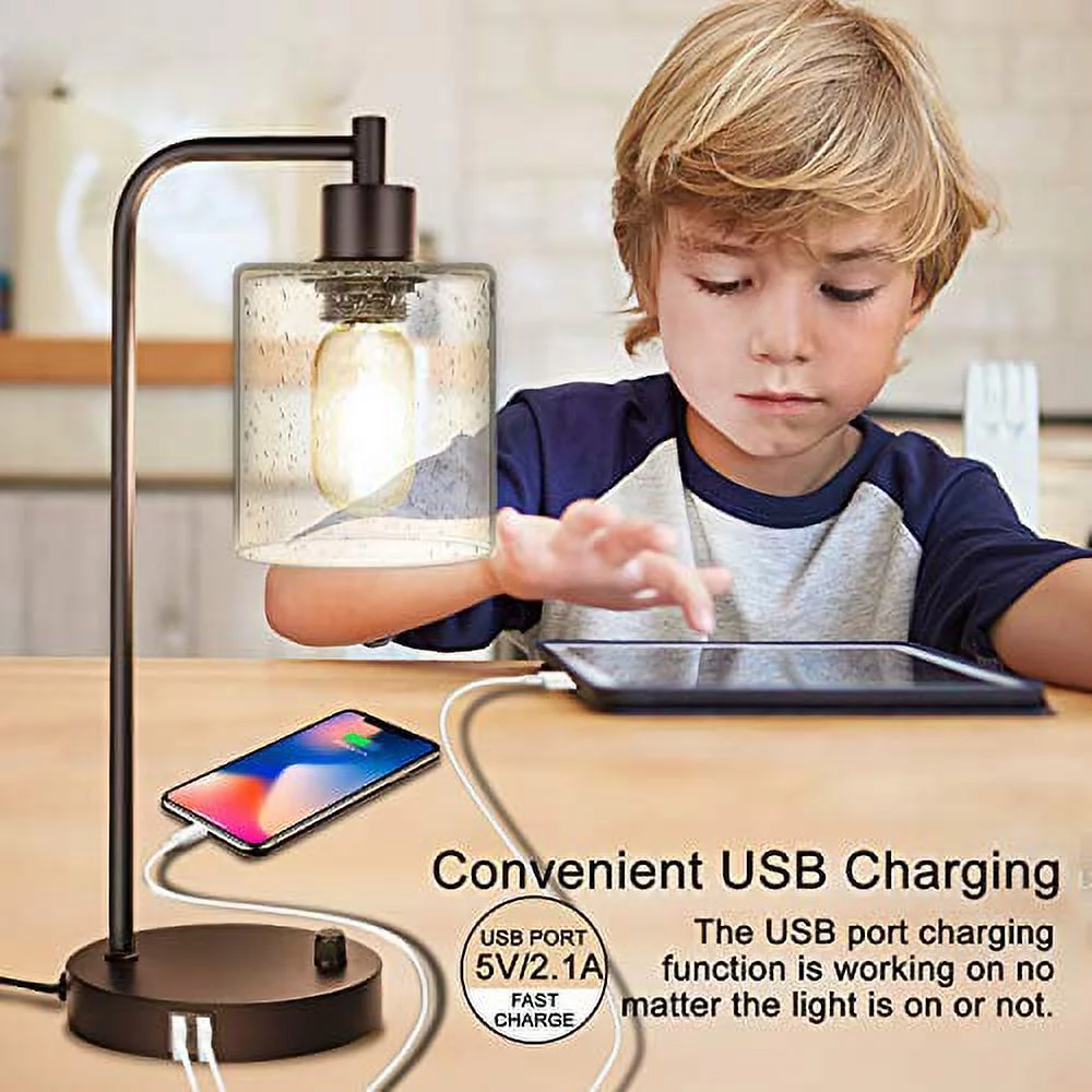 Set of 2 Industrial Table Lamps with 2 USB Port, Fully Stepless Dimmable Lamps for bedrooms, Bedside Nightstand Desk Lamps with Seeded Glass Shade for Reading Living Room Office 2 LED Bulb Included Seeded Glass & Matte Black(Base)