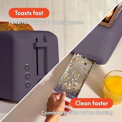 bella 2 Slice Slim Toaster, Fits-anywhere™ Kitchenware, 6 Setting Shade Control with Reheat & Cancel Buttons, Removable Crumb Tray, 10” Long Slot, Anti Jam & Auto Shutoff, 900 Watt, Oatmilk