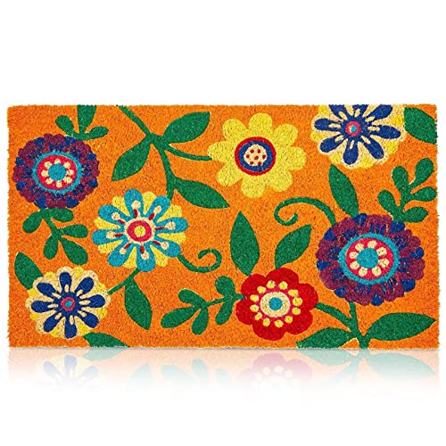 Juvale Summer Welcome Coir Floral Door Mat - Natural & Modern Outdoor Mat for Door Entrance, Patio, Backyard, Laundry (17 x 30 in)