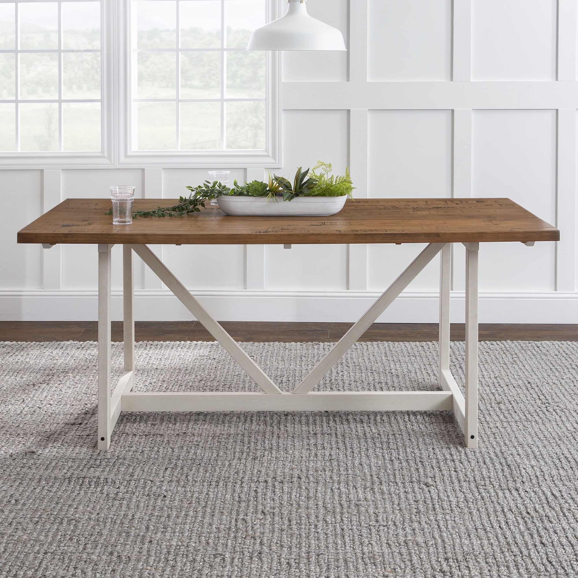 Walker Edison Modern Solid Wood Trestle Dining Table, Rustic Oak/White