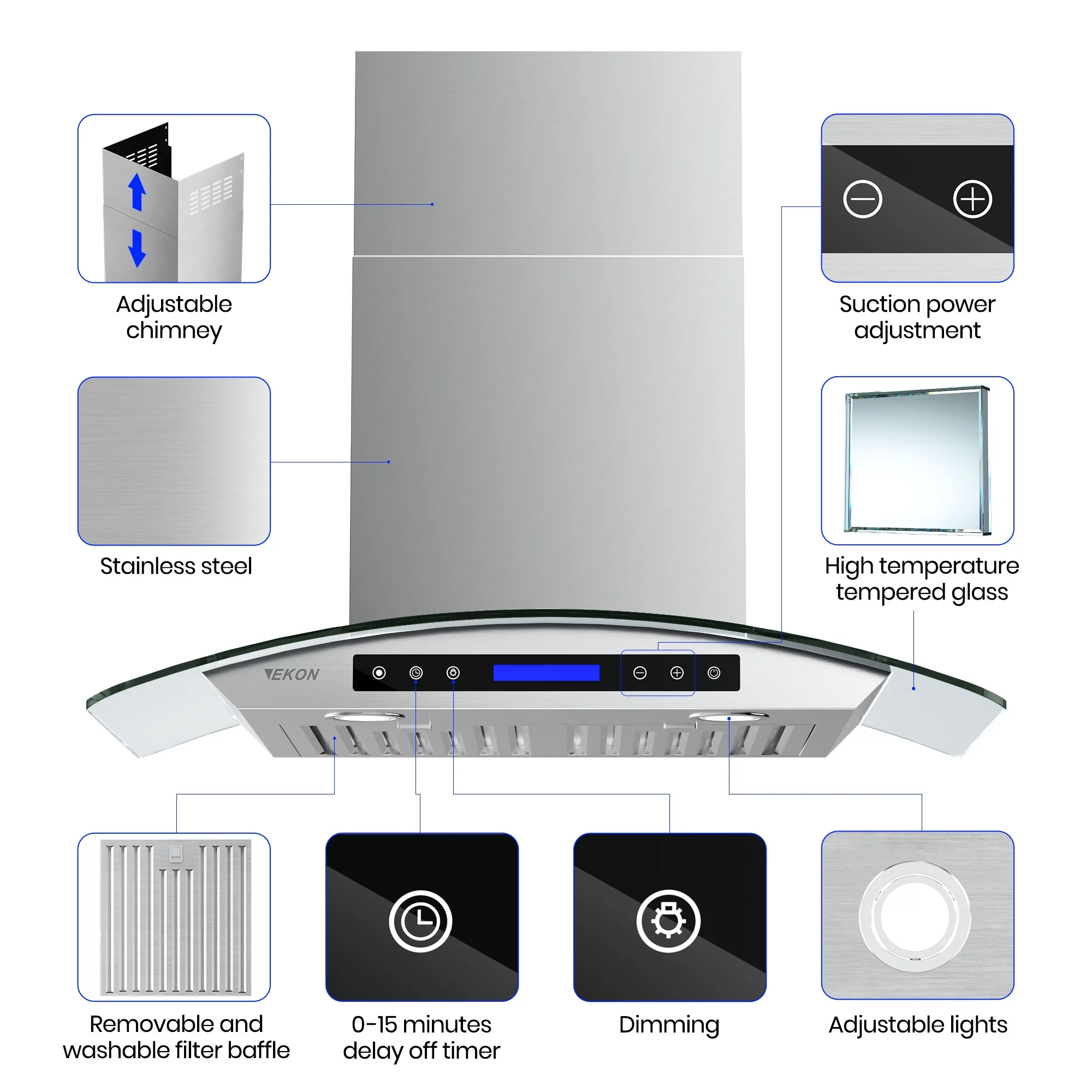 EKON KITCHEN EXPERT 36 Inches Tempered Glass Ducted Wall Mount Range Hood with Remote Control Included NAP03-36