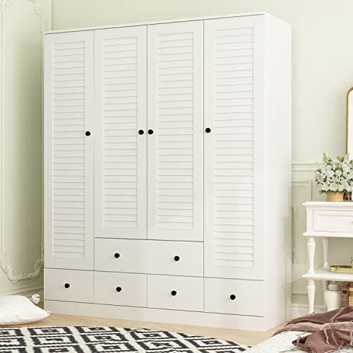 ECACAD Large Wardrobe Armoire with Multi-Tier Shelves, 5 Drawers, Hanging Rod & 4 Louver Doors, Wooden Closet Storage Cabinet for Bedroom, White (59.06”W x 19.06”D x 70.47”H)