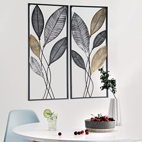 Metal Wall Decor Set of 2, Leaf Art Wall Hanging Home Decor with Frame, Tree of Life Accent Home Decor, Metal Wall Decoration Sculptures for Living Room, Office, Home, Hotel, Indoor, 14