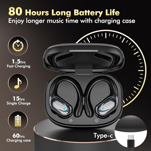 Wireless Earbuds, Sports Bluetooth Headphones, 80Hrs Playtime Ear Buds with LED Power Display, Noise Canceling Headset, IPX7 Waterproof Earphones for Workout/Running Black