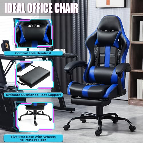 Massage Gaming Chair w/Footrest, Ergonomic High Back PC Chair w/Headrest and Lumbar, PU Swivel Home Desk Office Chair, Black