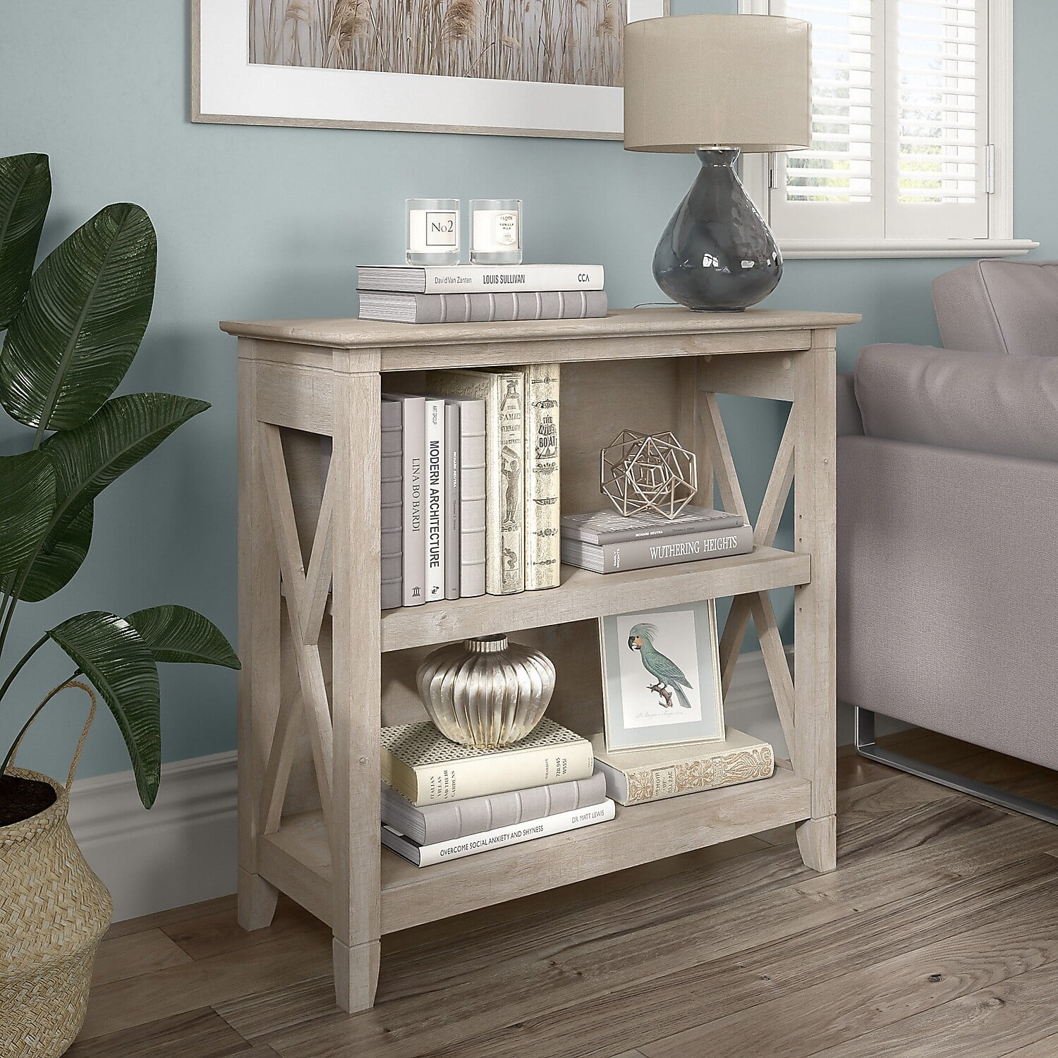 Bush Furniture Key West Small 2 Shelf Bookcase, Washed Gray