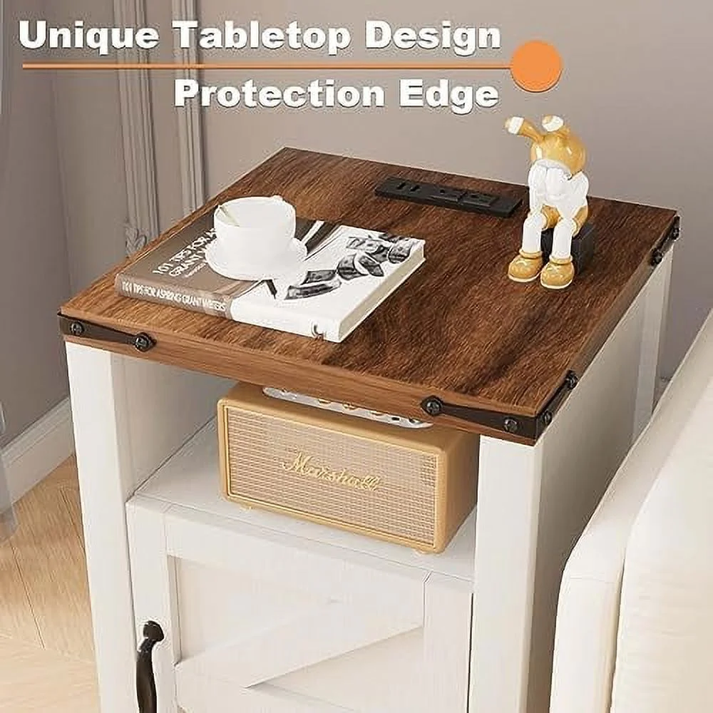 HJZBNONE Farmhouse Nightstand  End Table with USB and Socket  Wooden Side Table with Barn Door  Set of 2 with  Space  Suitable for Bedroom Living Room  White