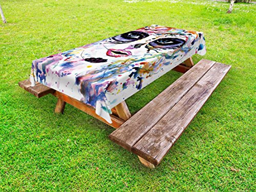 Ambesonne Sugar Skull Outdoor Tablecloth, Halloween Girl with Sugar Skull Makeup Watercolor Painting Style Creepy Look, Decorative Washable Picnic Table Cloth, 58