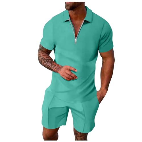 Men'S Summer Beach Outfits Solid Color Zip Up Short Sleeve Tshirts Shorts Sets For Men Leisure Outfits Suits