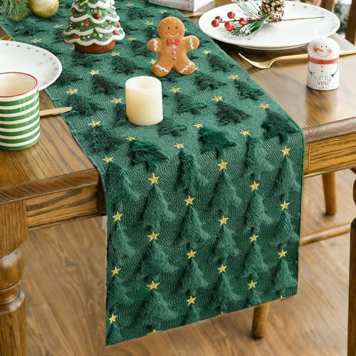 Christmas Table Runner, Xmas Trees Star Green Soft Plush Faux Fur Jacquard Kitchen Dining Table Decoration for Farmhouse Home Party Decor 13x72 Inch (Green A, 13