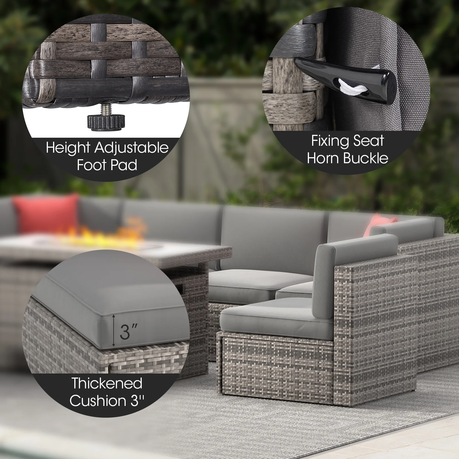 Sunmthink 8 Pcs Patio Furniture Sets with 50000 BTU FirePit Table, Grey