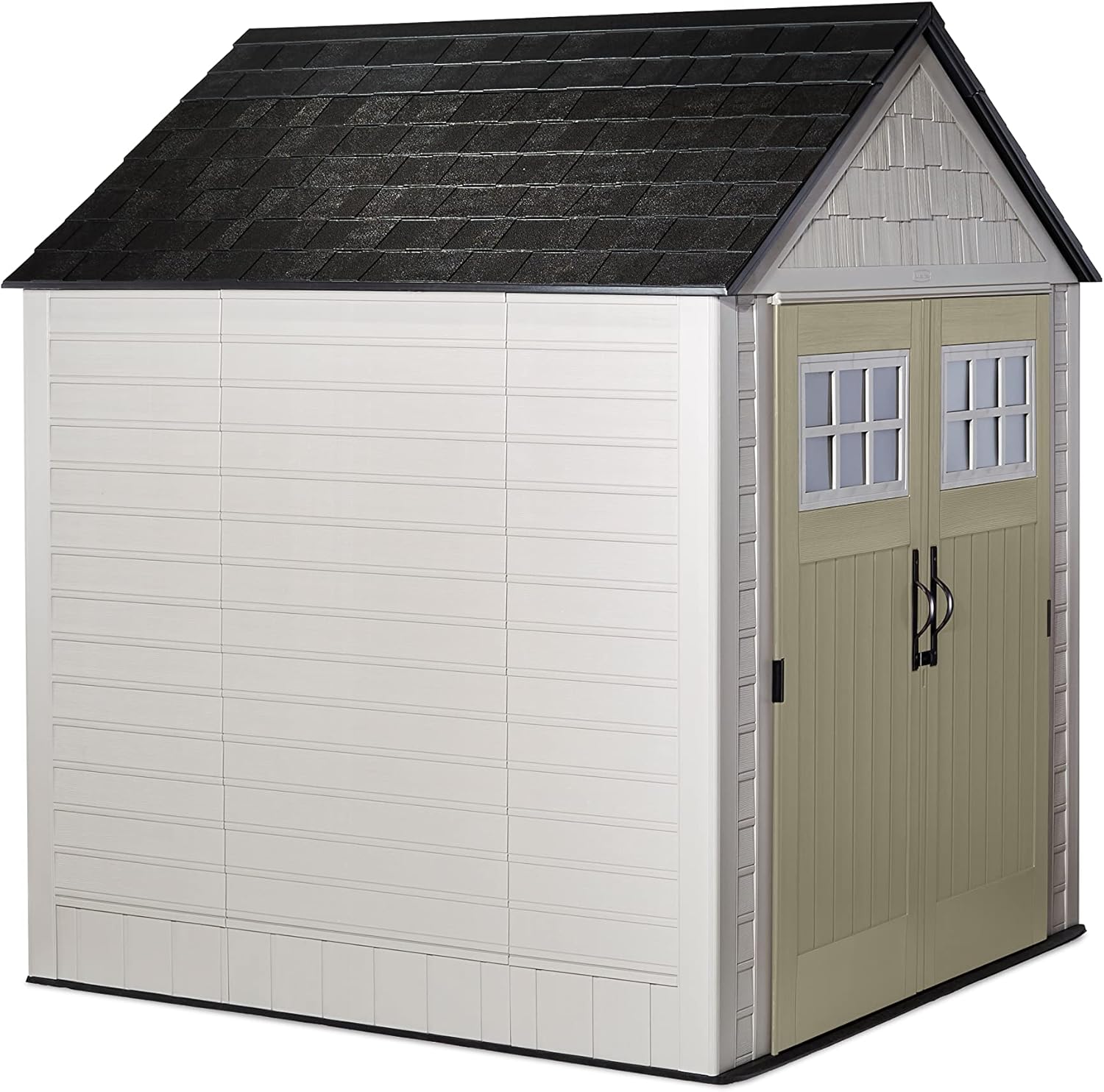 Rubbermaid Resin Outdoor Storage Shed With Floor (7 x 7 Ft), Weather Resistant, Beige/Brown, Organization for Home/Backyard/Garden Tools/Lawn Mower/Bike Storage/Pool Supplies