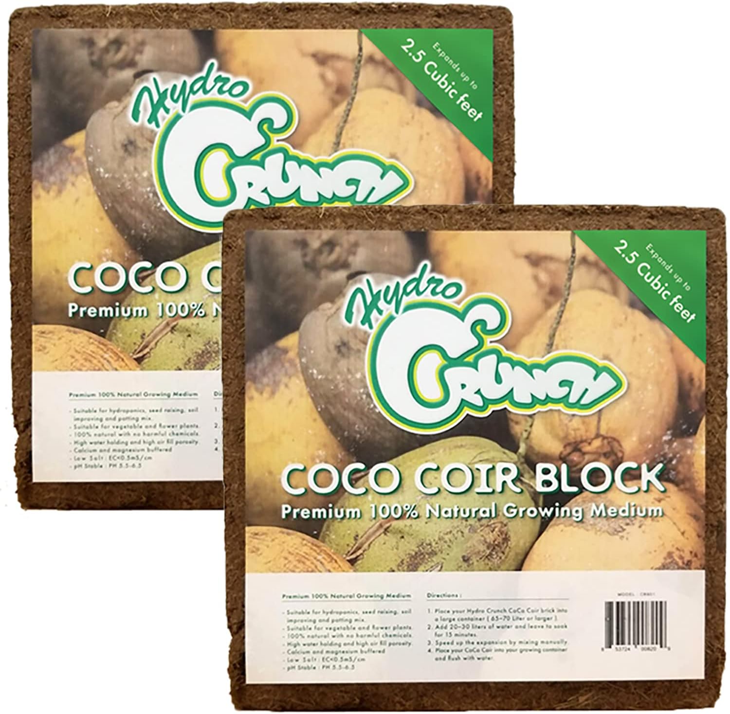 Hydro Crunch CB801-2PK Coco Coir Block 2.5 Cubic Ft Block (2-Pack), Brown