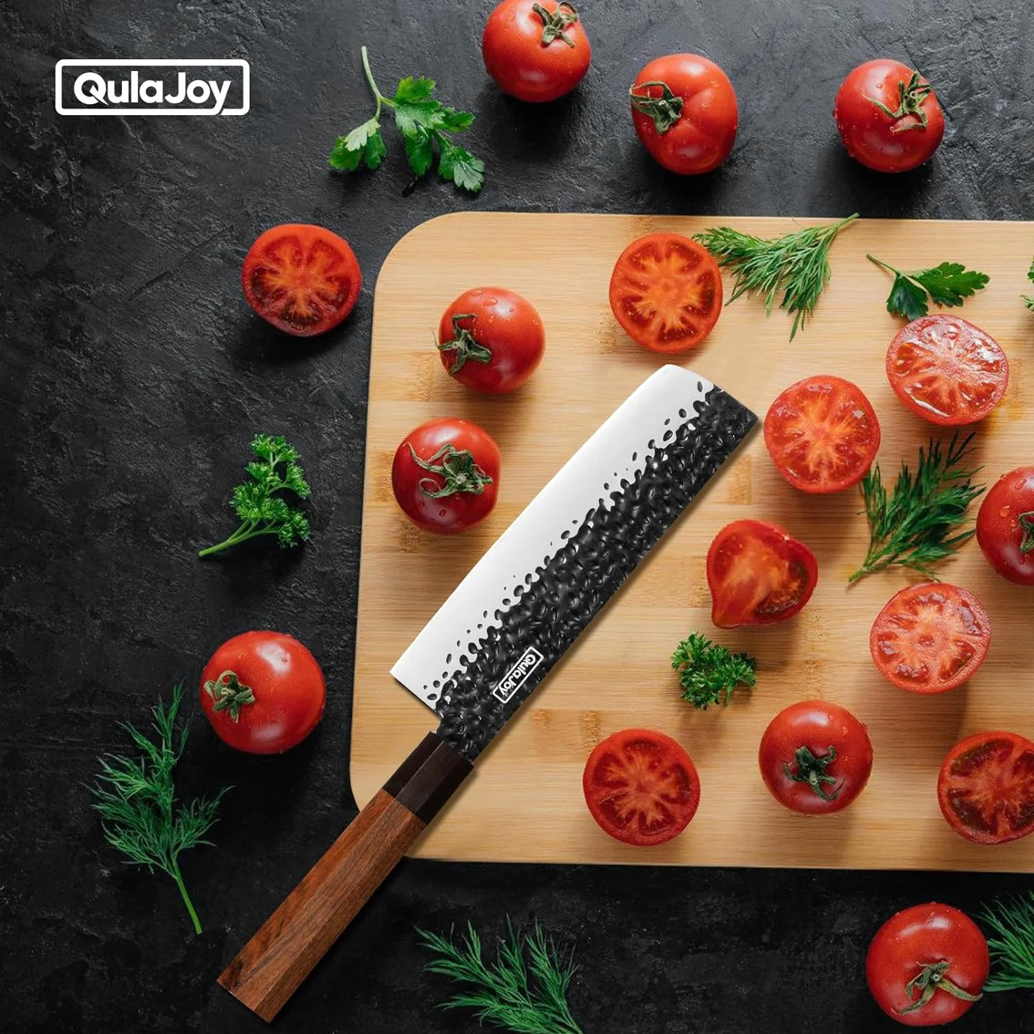 Qulajoy Nakiri Chef Knife 7 Inch - Professional Japanese Vegetable Cutting Knife - Razor Sharp 9cr18mov Blade - Hammered Kitchen Knife - Octagonal Rosewood Handle with Sheath