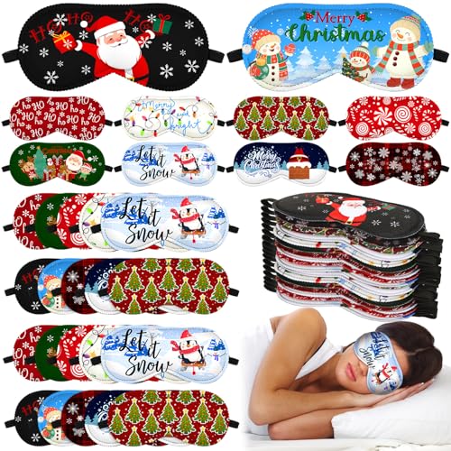 50 Pcs Christmas Eye Masks Bulk Sleep Blindfold for Women Christmas Sleepover Party Favors Snowman Santa Claus Penguin Mask for Xmas Gifts