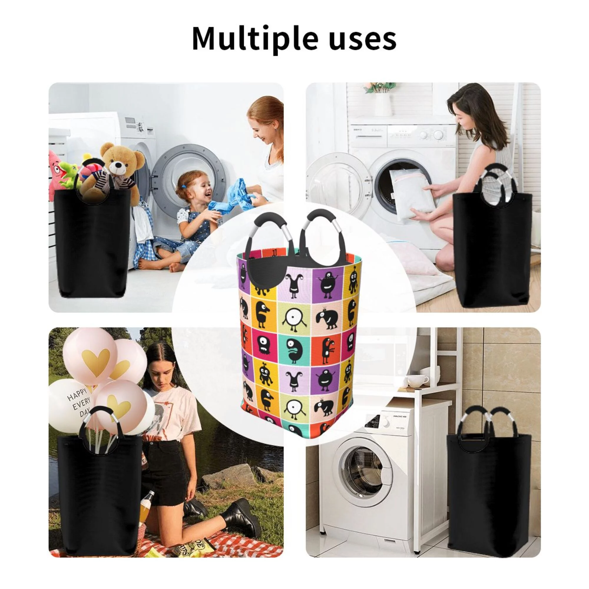 TEQUAN 50L Large Rectangular Laundry Hamper with Aluminum Handles, Happy Freaky Cartoon Animals Prints Waterproof Foldable Dirty Clothes Basket