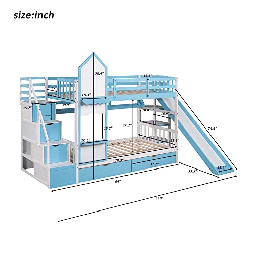 Twin Over Twin Floor Bunk Bed, Ladder with Storage, Wood Bunk Bed, Gray ，Queen Bed