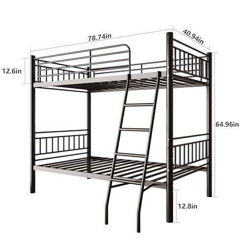 Metal Bunk Bed Twin Over Twin，Loft Bed with Removable Ladder and Full-Length Guardrail，Twin Bunk Beds Frame Heavy Duty Metal Slat Support for Adults, Kids and Young Teens