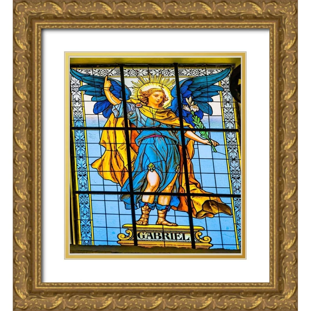 Perry, William 12x13 Gold Ornate Wood Framed with Double Matting Museum Art Print Titled - Colorful Archangel Gabriel Stained glass Cathedral Puebla-Mexico Built in 15 to 1600s
