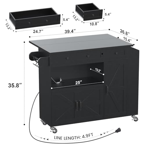 Kitchen Island with Drop Leaf, Rolling kitchen island with power outlet and Led Light, Kitchen Island with Storage Cabinet, Spice Rack, Drawer, Towel Rack, kitchen island on wheels for Dinning Room