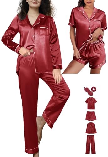 6Pcs Womens Silk Satin Pajamas Set XS-XXL Pajama Sets Pjs Set Button Down Pj Sets Sleepwear Loungewear