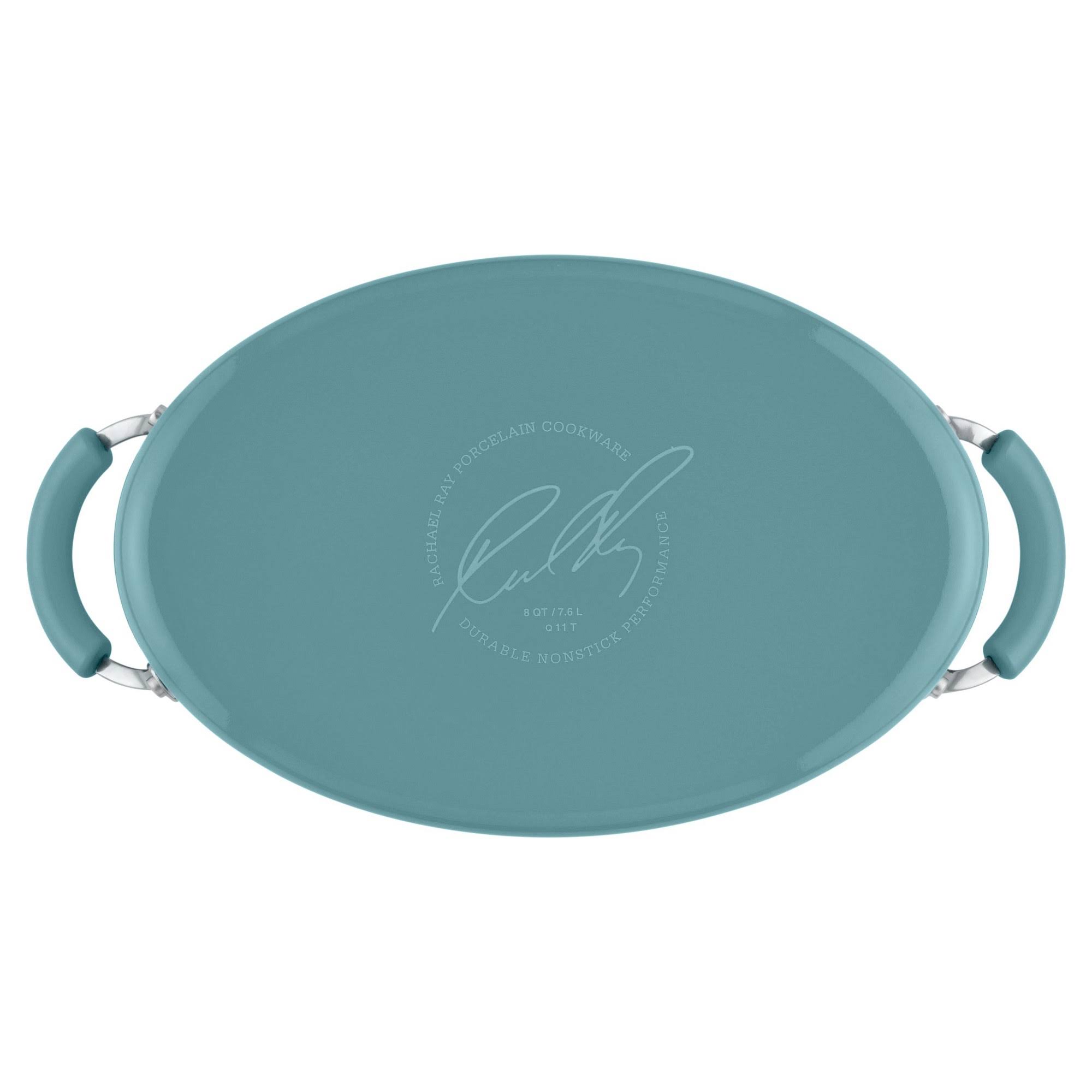 Rachael Ray Cucina Hard Enamel Nonstick 8-Quart Covered Oval Pasta Pot with Pour Spout, Agave Blue