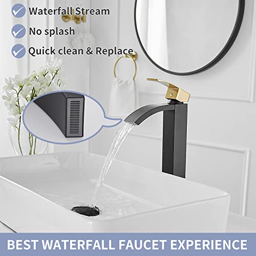 Brushed Nickel Vessel Sink Faucet, Waterfall Bathroom Faucets, Tall Spout Single Handle Single Hole Bathroom Faucets with Pop Up Drain and Without Overflow Basin Faucet Supply Line