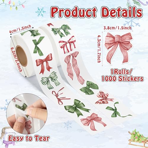 Christmas Watercolor Bow Roll Stickers - 1000Pcs Xmas Red Green Bow Coquette Watercolor Aesthetic Vinyl Decals for Girls, Christmas Vintage Label Decoration for Scrapbook Laptop Party Gift