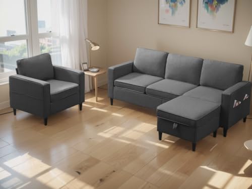 MUZZ 3PCS Living Room Sofa Set, Linen Upholstered Sofa Couch with Side Pockets & Movable Storage Ottoman, Free Combination Sofa Set Include Armchair,Loveseat and 3 Seater Couch (Dark Grey)