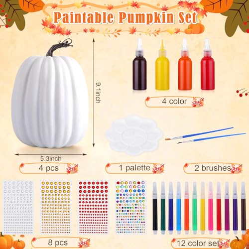 Hollowfly 4 Sets 9.1 Inch Large Halloween DIY Fall Pumpkin Painting Kits Jumbo Artificial Pumpkins Decorative Assorted White Fall Big Foam Pumpkins Craft Gifts Thanksgiving Party Holiday Decoration