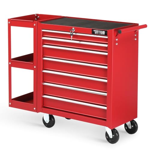 TUFFIOM 7-Drawer Rolling Tool Chest with Side Shelves, Tool Storage Side Cabinet w/Lockable Wheels, Top Cushion & Drawer Liners, Tool Organizer Box for Garage, Warehouse & Repair Shop