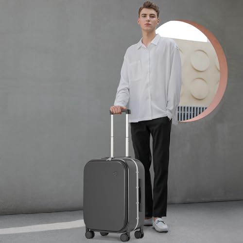mixi Carry On Luggage, 20'' Suitcase with Front Laptop Pocket, Travel Rolling Luggage Aluminum Frame PC Hardside with Spinner Wheels & TSA Lock and Cover - Smoke White