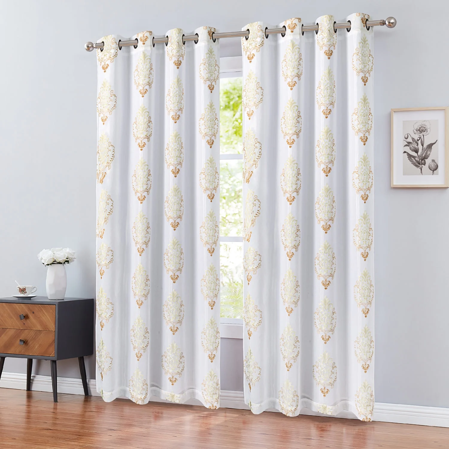 Ludlow 2-Ply Damask Embroidered Grommet Window Panel with Backing, Gold, 54x84 Inches