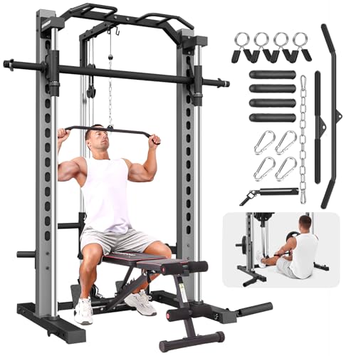 OPPSDECOR All-in-One Adjustable Smith Machine with LAT-Pull Down System Multi-Function Power Cage for Home Gym Cable Crossover Squat Rack of Workout Machine Training Equipment with Attachments