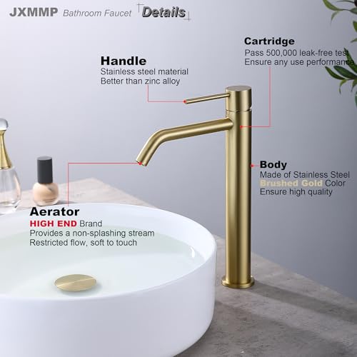 Brushed Gold Vessel Sink Faucet with Pop Up Drain and Supply Lines, Stainless Steel Gold Vanity Faucet Single Hole, JXMMP Single Handle Bathroom Faucet Gold, JXM1001BG