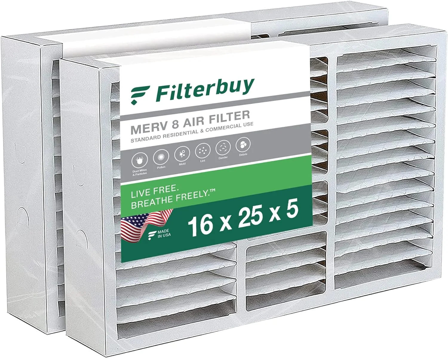 Filterbuy 16x25x5 MERV 8 Pleated HVAC AC Furnace Air Filters for Honeywell FC100A1029, Lennox X6670, Carrier, Bryant, & More (2-Pack)