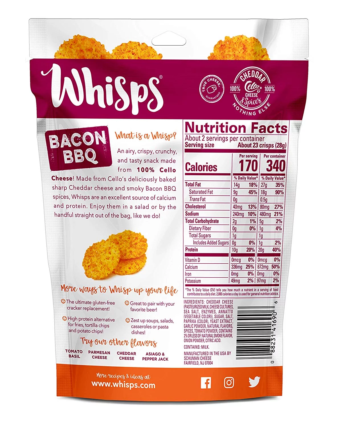 Cello, Keto Friendly Snack, Low Carb, 100% Cheese, Gluten Free, 2.12 oz. Packages (Bacon Bbq, 6 Pack)