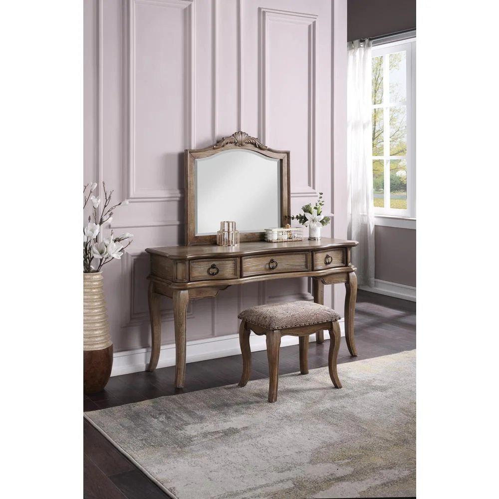 Poundex  Poundex Wooden Makeup Vanity Set Desk, Mirror and Stool - Antique Oak